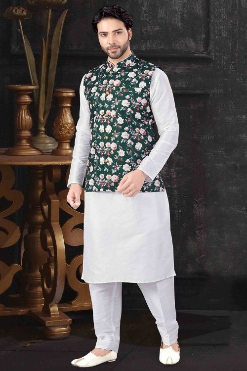 Off White Art Silk Kurta Pajama with Bottle Green Floral Printed Jacket