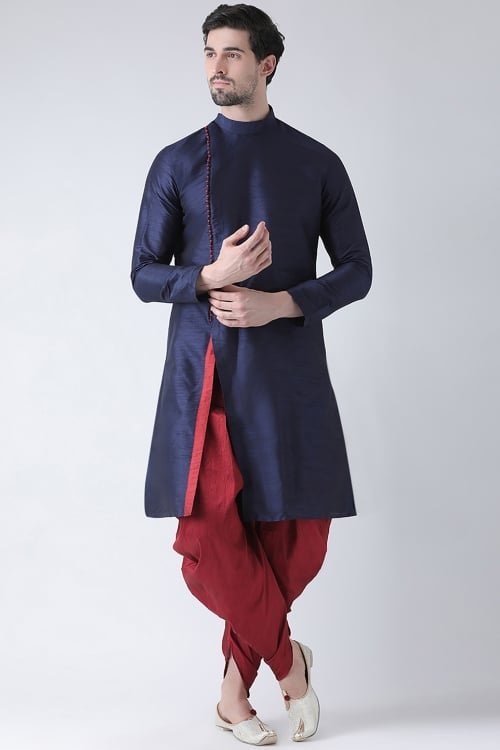 Navy Blue Dupion Silk Angrakha Style Indo Western Set with Dhoti