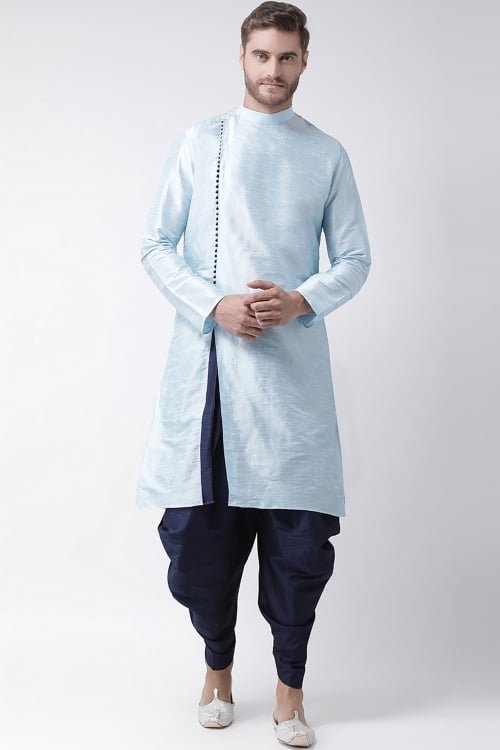 Aqua Blue Dupion Silk Angrakha Style Indo Western Set wih Dhoti
