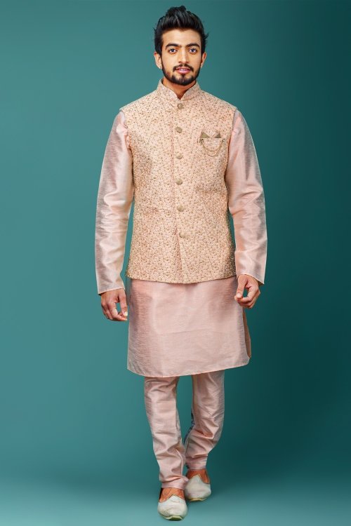 Dusty Pink Banarasi Art Silk Kurta Pajama with Embroidered Jacket