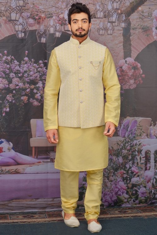 Light Yellow Banarasi Art Silk Kurta Pajama with Embroidered Jacket