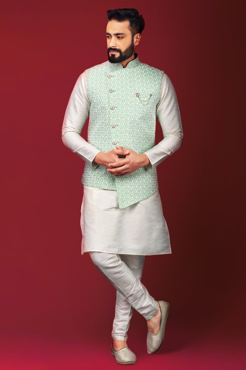 Off White Banarasi Art Silk Kurta Pajama with Pista Green Embroidered Jacket
