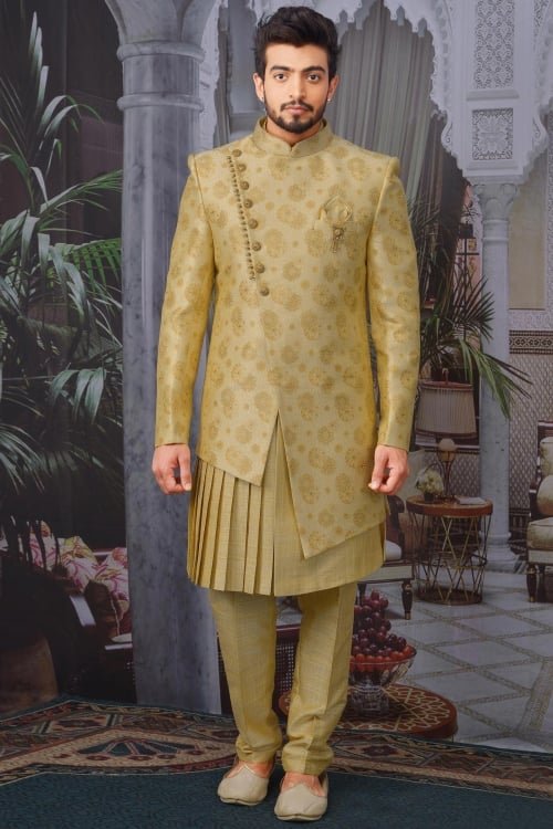Golden Jacquard Silk 3 Piece Angrakha Style Indo Western Suit