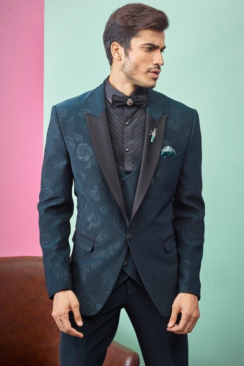 Teal Blue Imported Emboss Print 4 Piece Suit