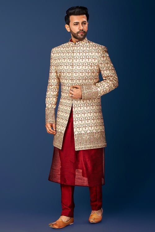 Maroon Dupion Silk Plain Kurta Pajama with Embroidered Jacket