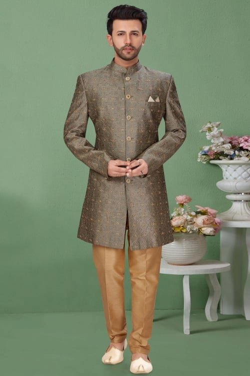 Grey Dupion Silk Indo Western Suit