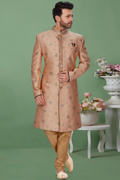 Pink Jacquard Banarasi Silk Woven Sherwani