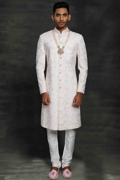 Pearl White Silk All Over Embroidered Sherwani