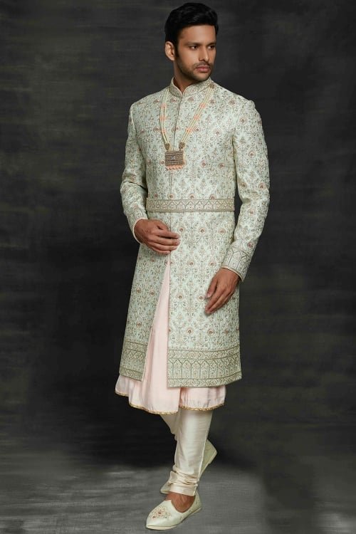 Green and Pink Imported Royal Sherwani with All Over Embroidery