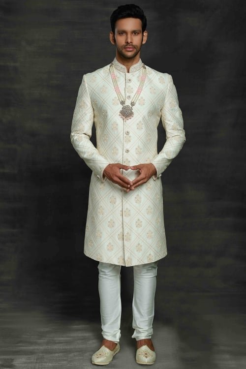 Pearl White Silk Ethnic Checks Sherwani with Embroidery