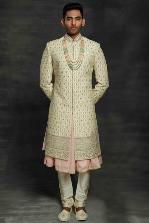Light Pista Green and Pink Silk All Over Embroidered Sherwani with Elephant Motif
