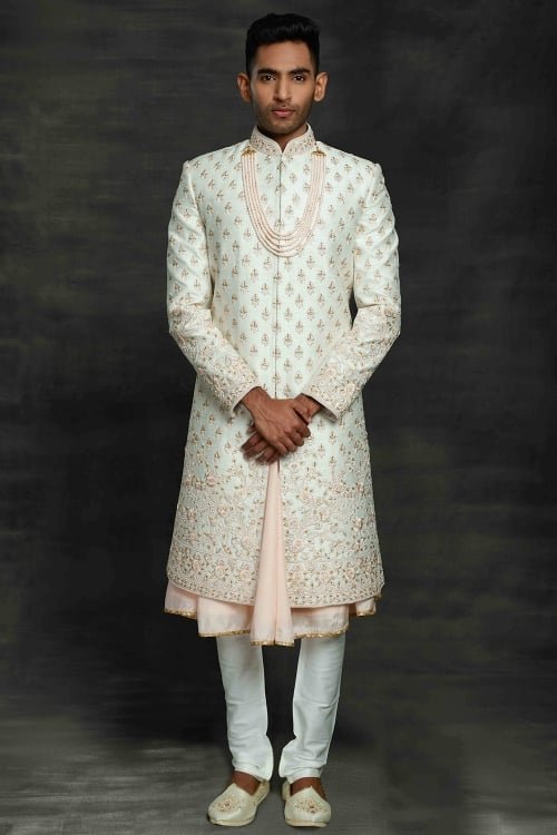 Off White and Pink Silk All Over Embroidered Sherwani