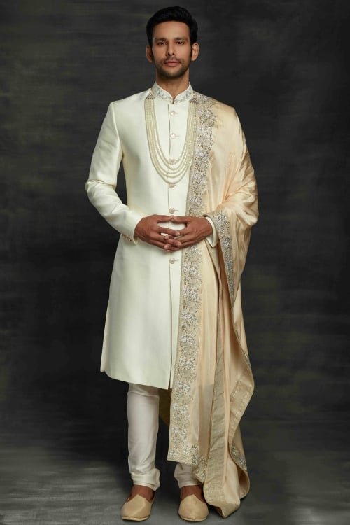 Pearl White Silk Plain Sherwani with Handworked Neck