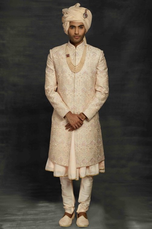 Cream and Peach Imported Sherwani with All Over Embroidery