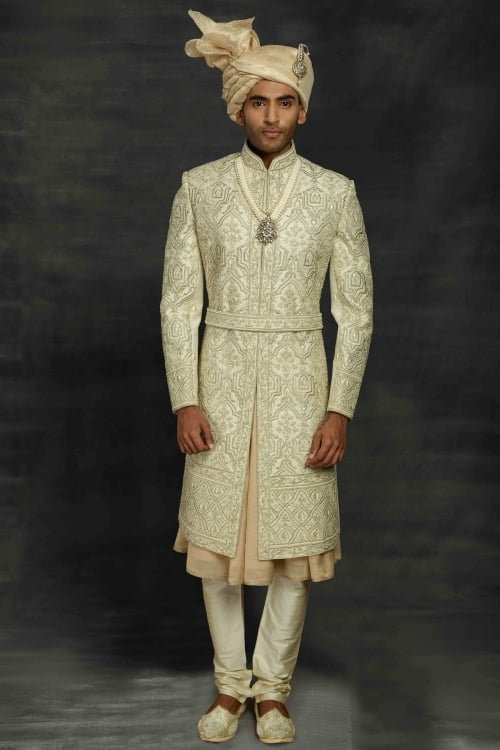 Pista Green and Beige Imported Royal Sherwani with All Over Embroidery