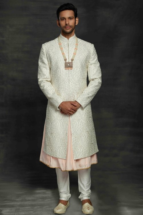 Pearl White and Pink Imported Sherwani with Embroidery