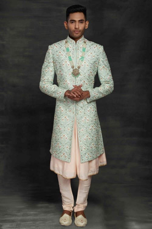 Light Blue and Peach Imported All Over Floral Embroidered Sherwani