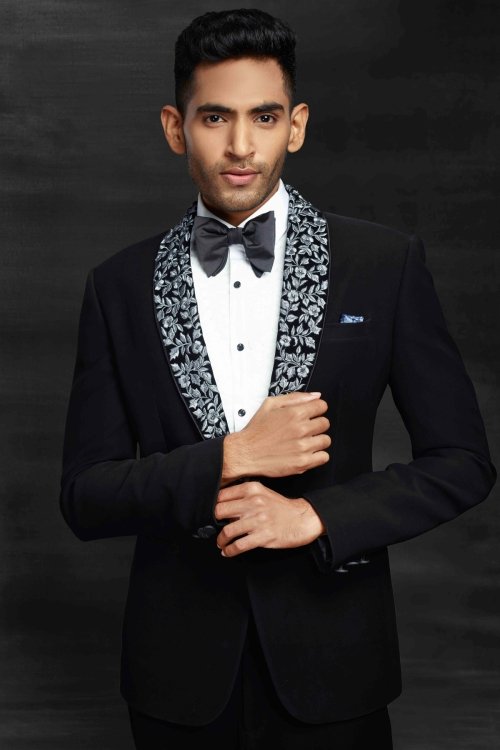 Black Imported Suit with Floral Embroidery