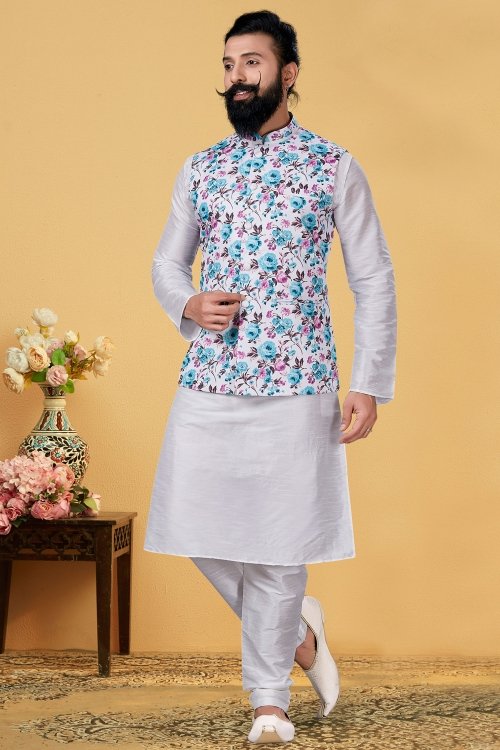 Off White Dupion Silk Plain Kurta Pajama with Floral Printed Jacket
