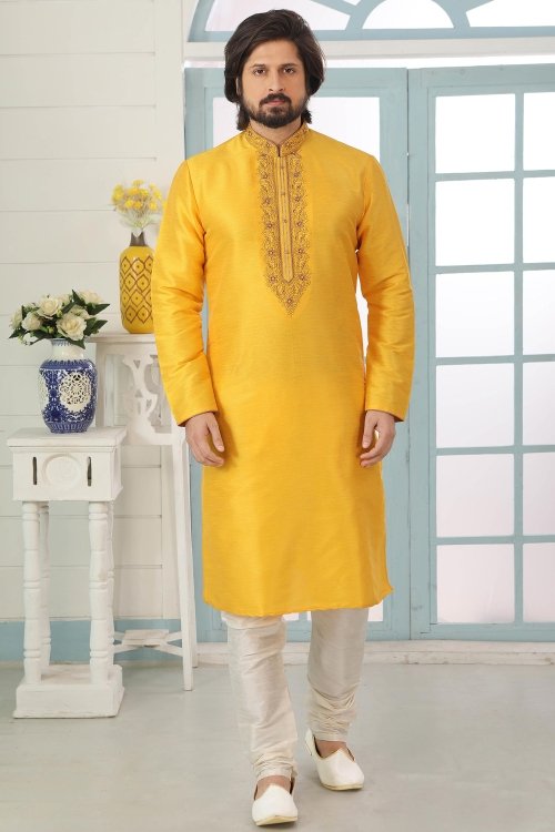 Yellow Banarasi Art Silk Kurta Pajama