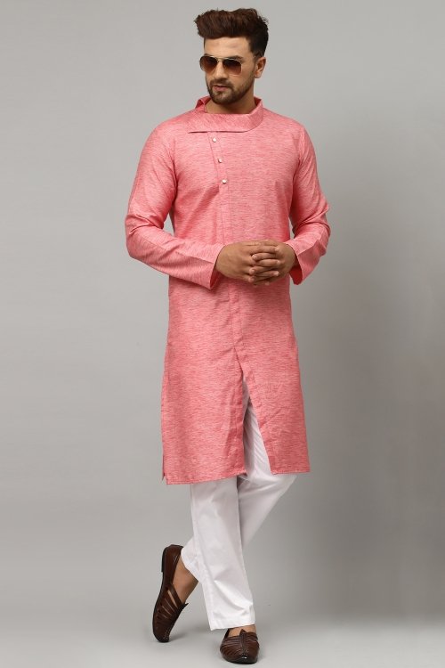 Pink Satin Plain Kurta Pajama