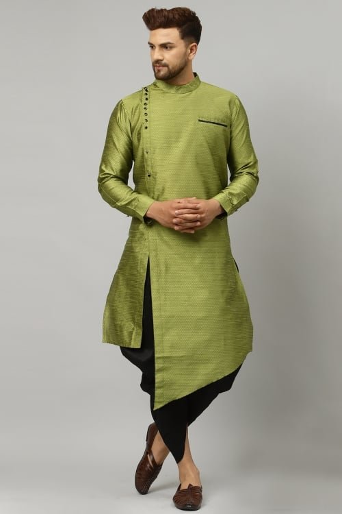 Green Dupion Silk Asymmetric Kurta with Dhoti