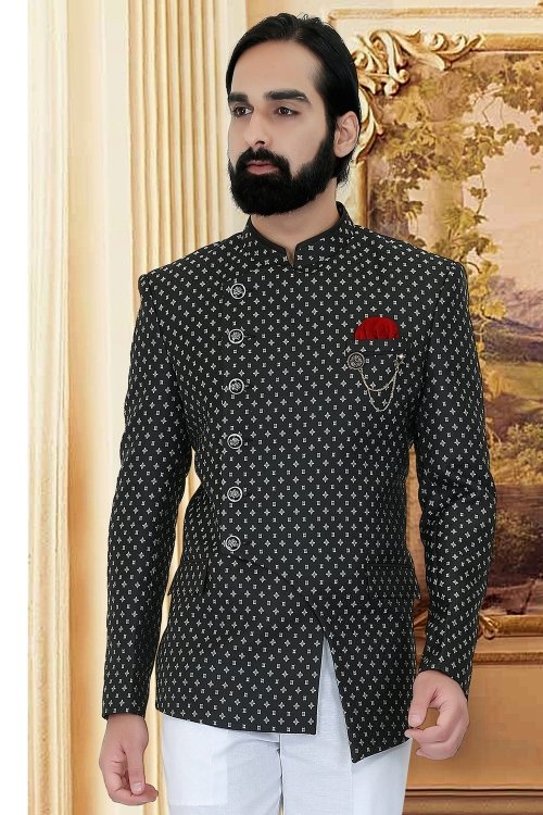 Black Jacquard Woven Jodhpuri Suit