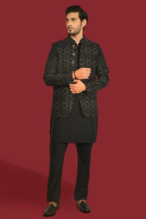 Black Silk Kurta Pajama with Short Jacket