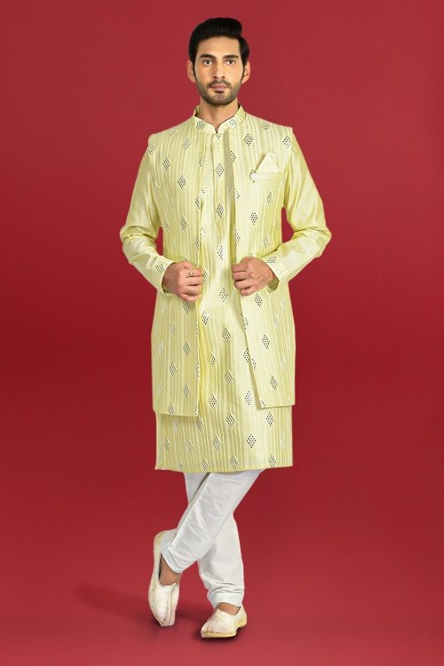 Yellow Silk Kurta Pajama with Jacket