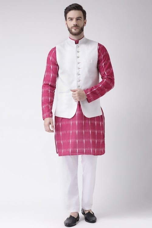Pink Cotton Printed Kurta Pajama with Jacket