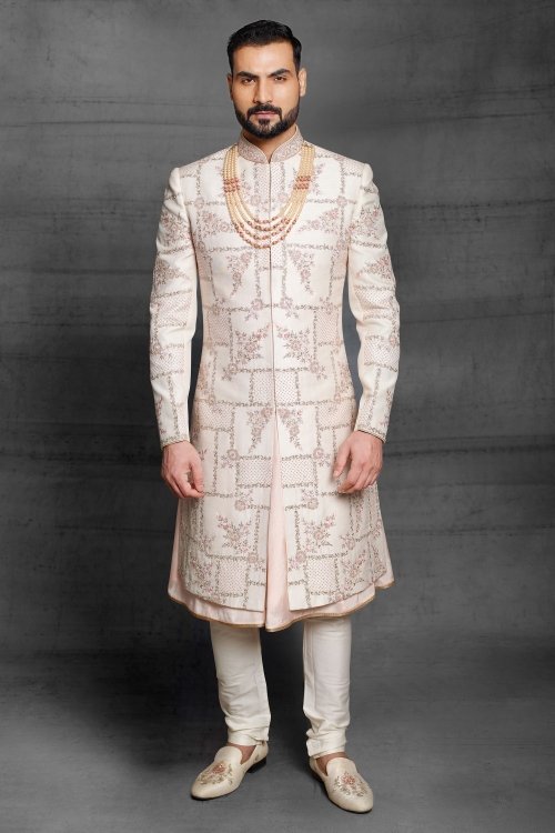 Off White and Light Pink Jacquard Art Silk All Over Embroidered Sherwani
