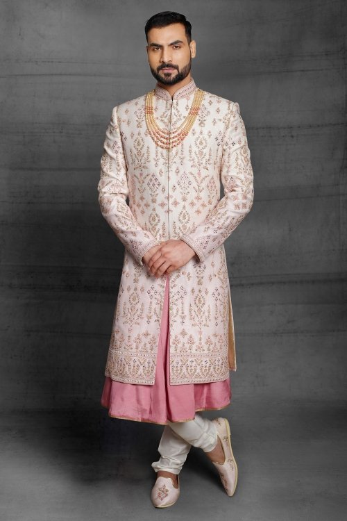 Pink Silk Sherwani with All Over Embroidery