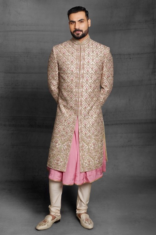 Cream and Pink Jacquard Art Silk Royal Sherwani