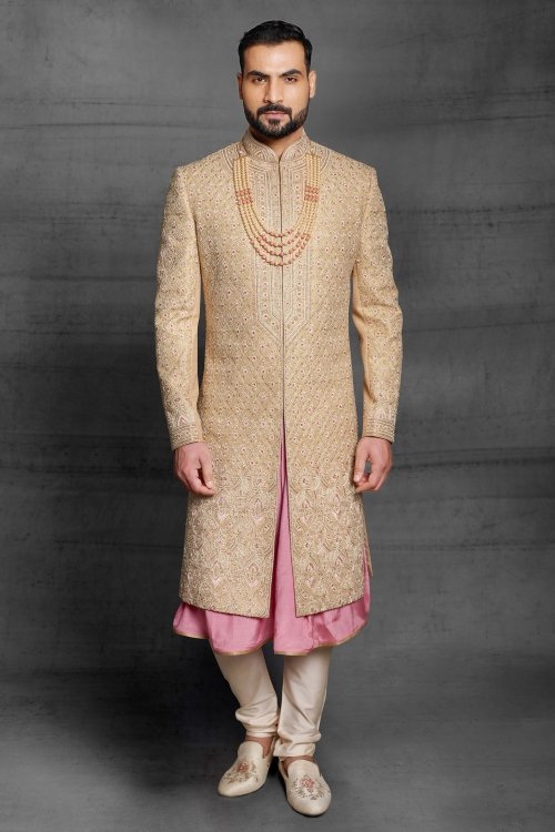 Beige and Pink Art Silk All Over Embroidered Sherwani