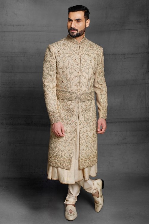 Beige Jacquard Art Silk Sherwani with All Over Embroidery