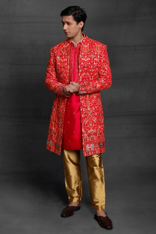 Red Silk Sherwani with Embroidered Jacket