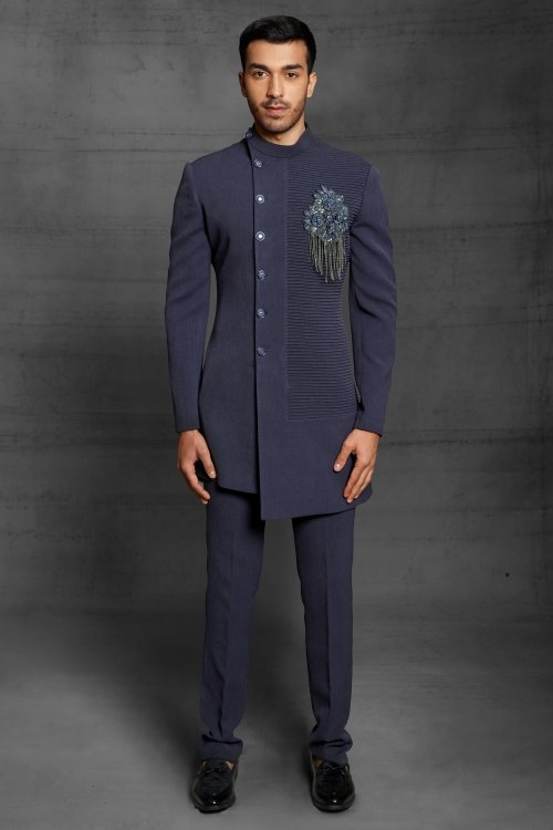 Blue Imported Sherwani with Patch