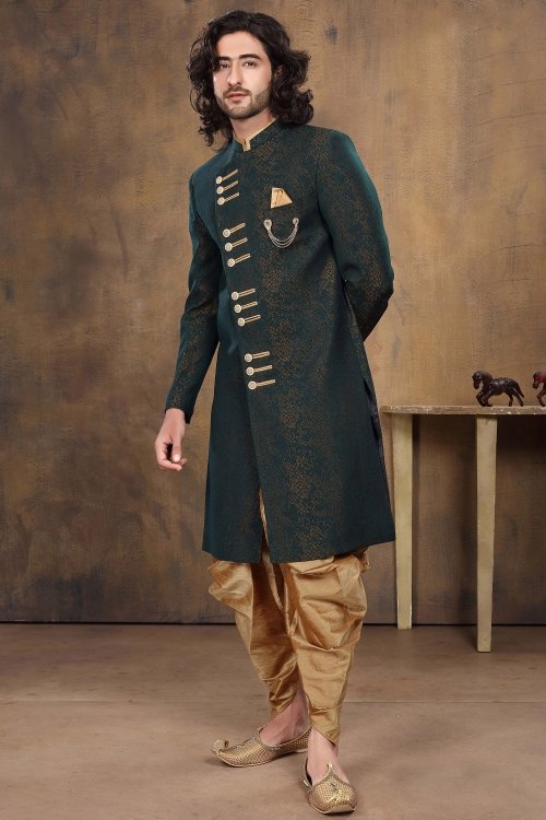 Teal Green Imported Sherwani with Dhoti