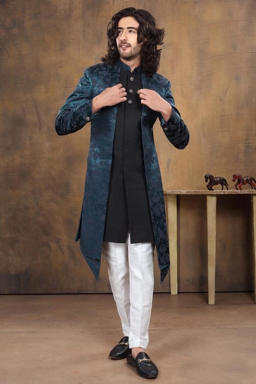 Black and Blue Imported Jacket Style Indo Western Suit