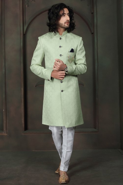 Light Green Imported Embroidered Sherwani