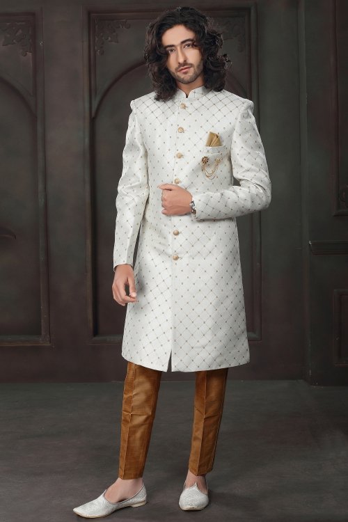 Off White Imported Embroidered Sherwani