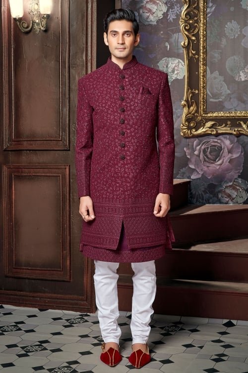 Maroon Silk All Over Embroidered Sherwani