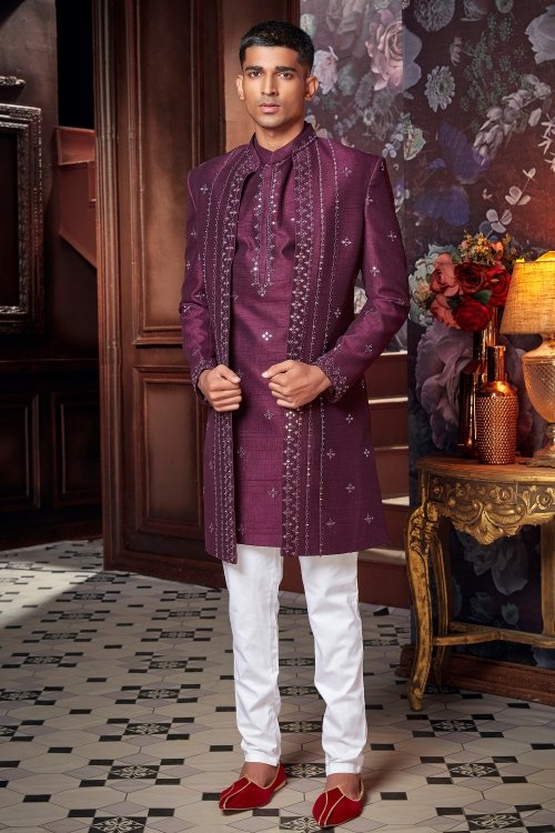 Purple Raw Silk Mirror Worked Sherwani with Jacket