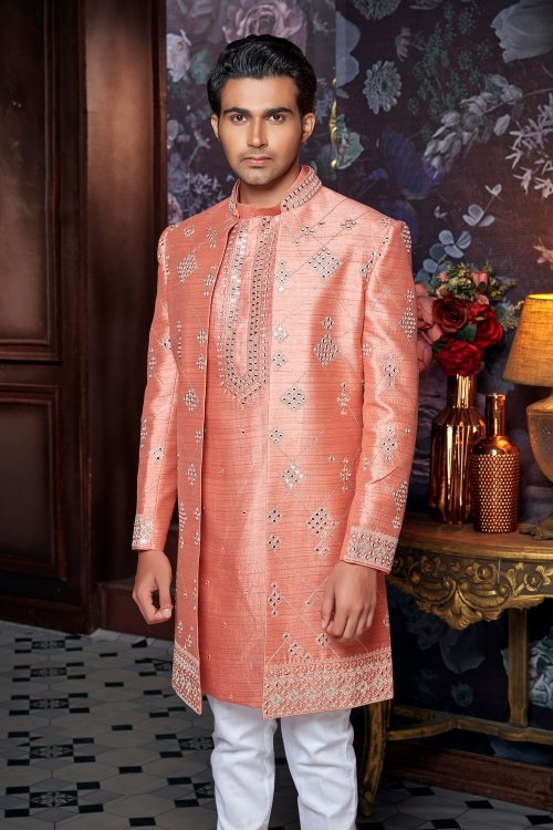 Light Orange Raw Silk Mirror Worked Sherwani with Jacket