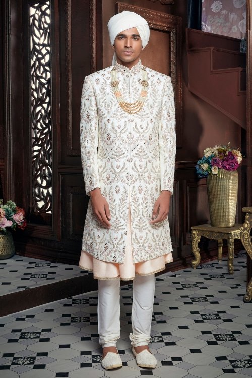 Pearl White Silk Embroidered Sherwani