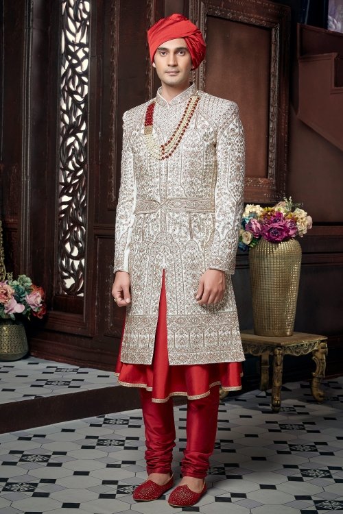 Off White Silk All Over Embroidered Sherwani