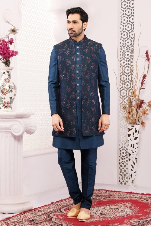 Blue Jacquard Brocade Sherwani with Jacket
