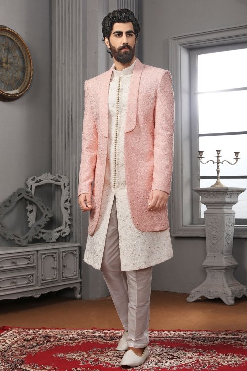 White Raw Silk Embroidered Sherwani with Jacket