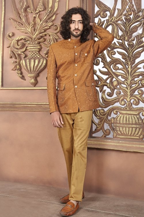 Mustard Jacquard Art Silk Jodhpuri Suit