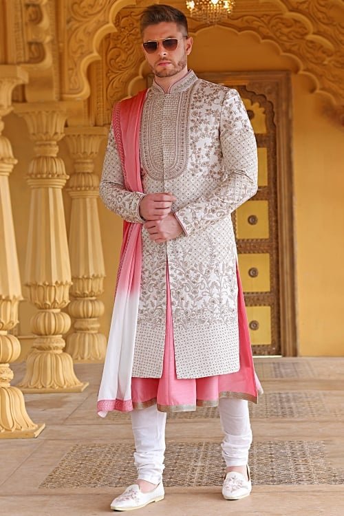 White and Pink Raw Silk Embroidered Sherwani